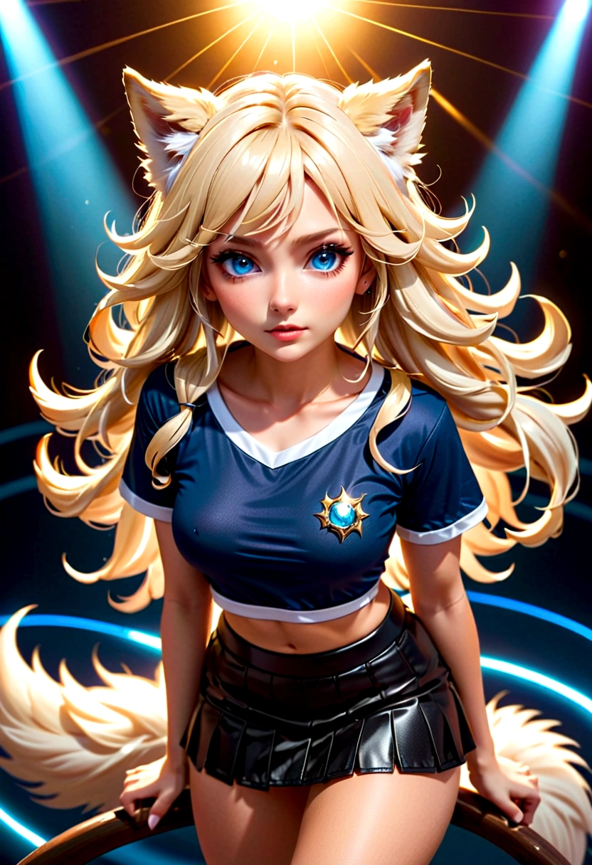 masterpiece, best quality, Langya, 1 Girl, Wolf ears, Wolf Tail, Lovely, Blushed, Looking at the audience, from above, Blonde wavy hair, mini skirt, White and black striped T-shirt, blue eyes, beautiful eyes, Beautiful background, Light Particles, Sun rays, Dramatic Lighting, external, shining, Practical, masterpiece, best quality, ultra-detailed, detailed, landscape, beautiful detailed eyes, detailed hair