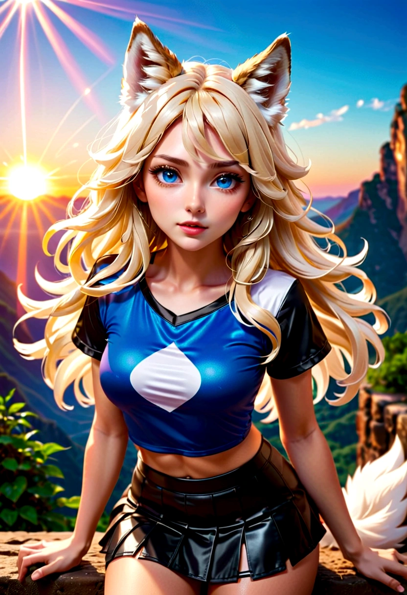 masterpiece, best quality, Langya, 1 Girl, Wolf ears, Wolf Tail, Lovely, Blushed, Looking at the audience, from above, Blonde wavy hair, mini skirt, White and black striped T-shirt, blue eyes, beautiful eyes, Beautiful background, Light Particles, Sun rays, Dramatic Lighting, external, shining, Practical, masterpiece, best quality, ultra-detailed, detailed, landscape, beautiful detailed eyes, detailed hair
