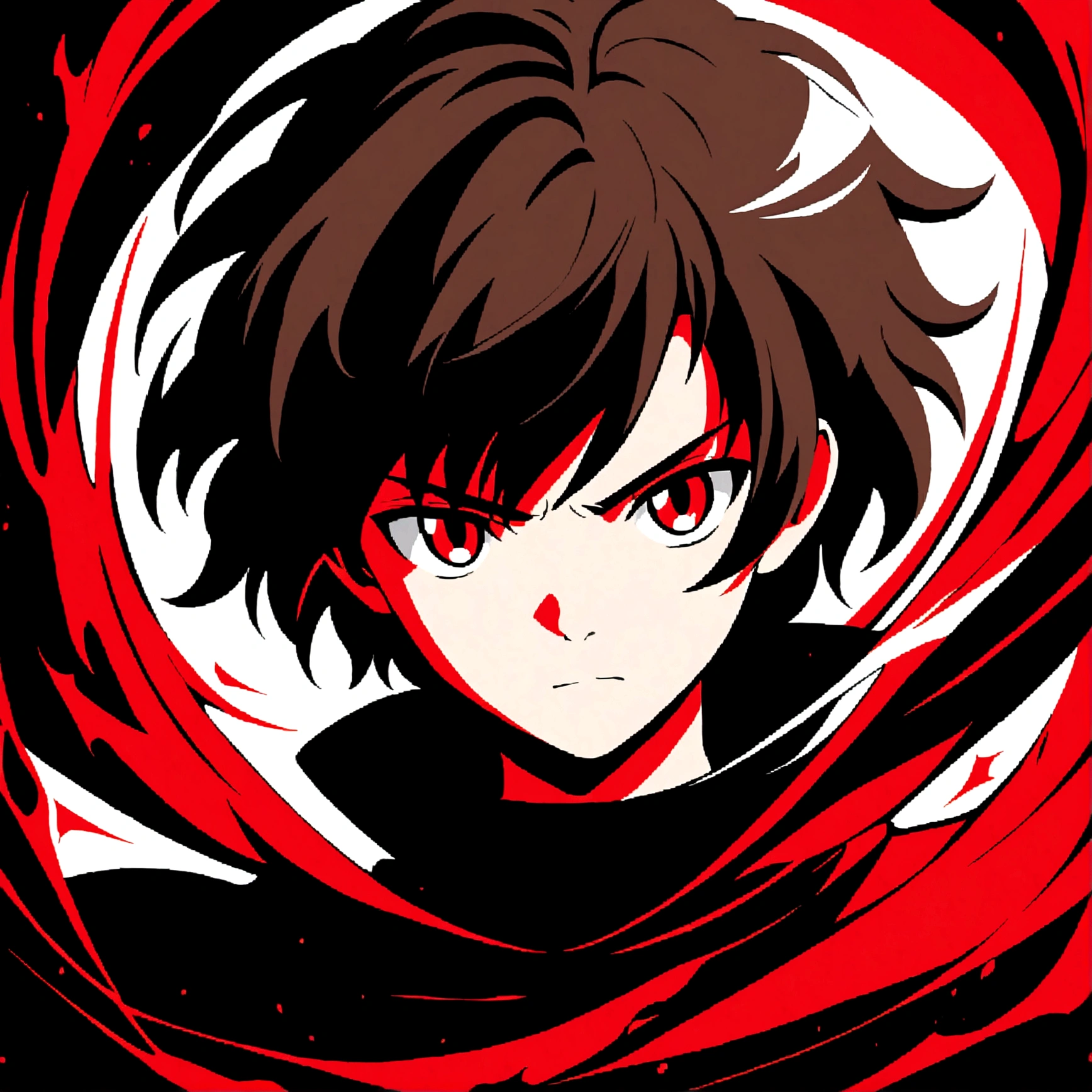 anime style diffusion, upper body, (face to the side 0.3), man with messy brown hair bright red eyes, (open eyes 0.5), (serious face 0.2), black majestc cloak with red details, upper light, high contrast, ornate , 2D style, photoshop, cinematic
