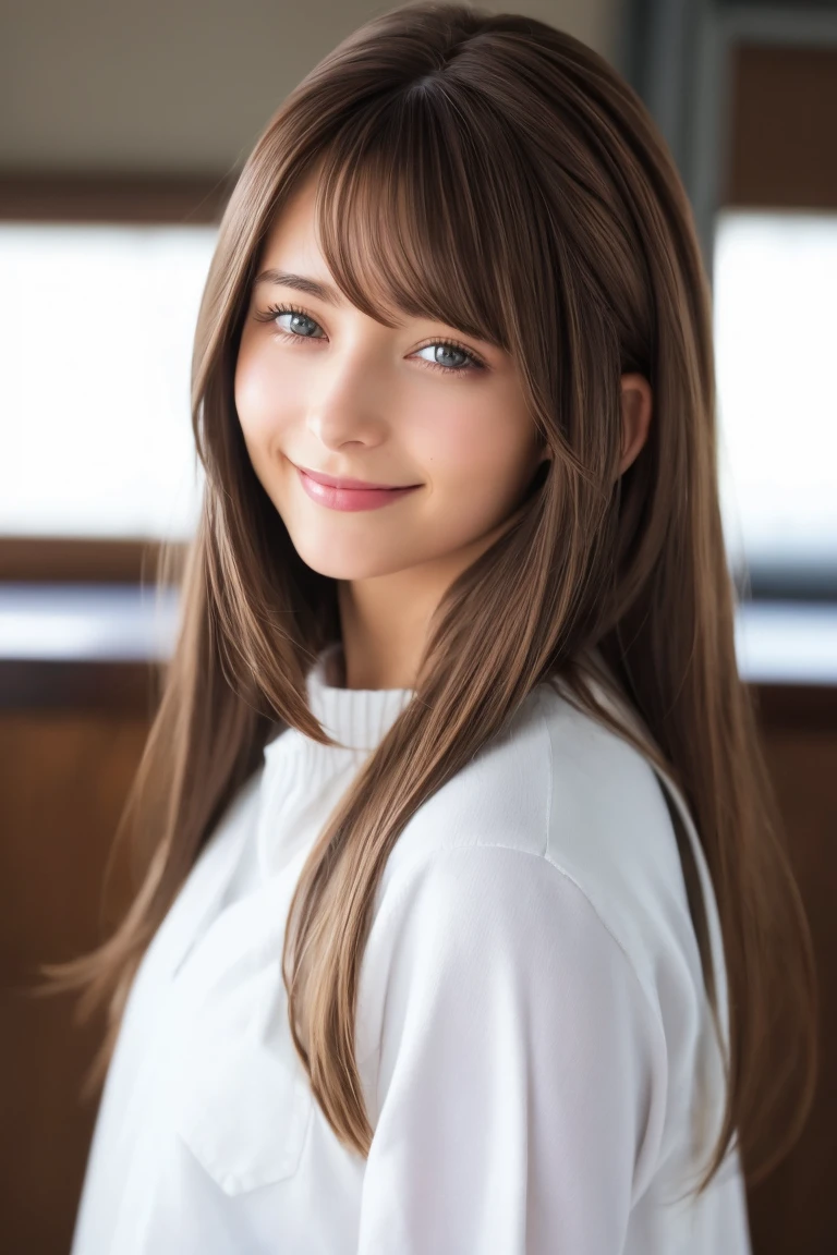 1 person, (Realist:1), Brown Hair, Long Hair, iris, Happy