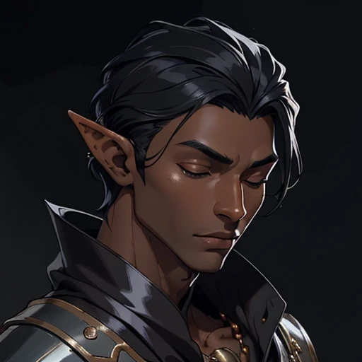 (masterpiece), (best quality),(portrait),(bust up),1boy,solo,(sharp focus),((look at viewer)),elf,elf wizard,(black hair),(dark skin) ,(black skin),adult, (ancient:1),ancient luxurious long clothes,old school fantasy art,((simple background)),super shiny face,Ultra Glossy Skin,from front,close your eyes,