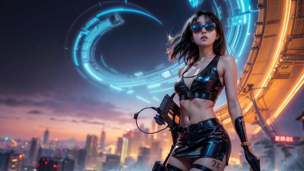 8k, Realistic Skin Texture, Realistic Photo, Neo Tokyo, slim women, large-:1.3 cleavaAD2050 at night, Dirty hunting jacket, Wearing tube top, miniskirt, (((black sunglasses, automatic rifle, sneakers, cold, shooting pose, very low angle view))), Innovative composition, revenge, cyberpunk, blade runner worldview, Large neon sign, Geisha hologram sign, Strong Wakamoto Sign.