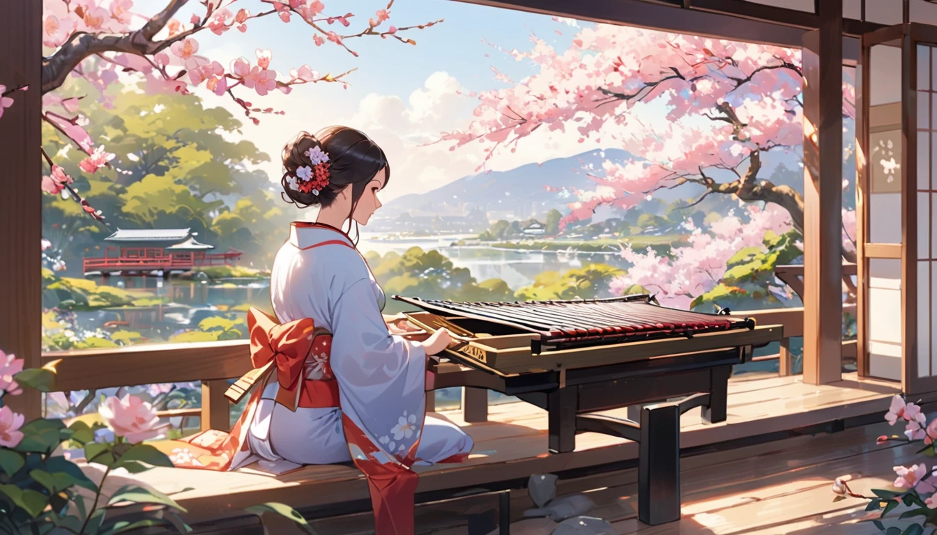 A woman playing the koto, on the porch with a view of a Japanese garden.
Cherry blossoms are blooming in the garden. Lots of fresh greenery is also visible.