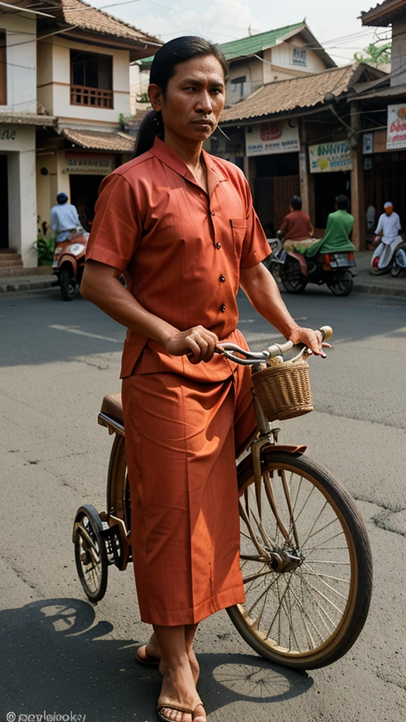 Illustrate a becak driver in Yogyakarta, wearing a traditional work uniform, waiting for passengers on a busy street with traditional buildings in the background