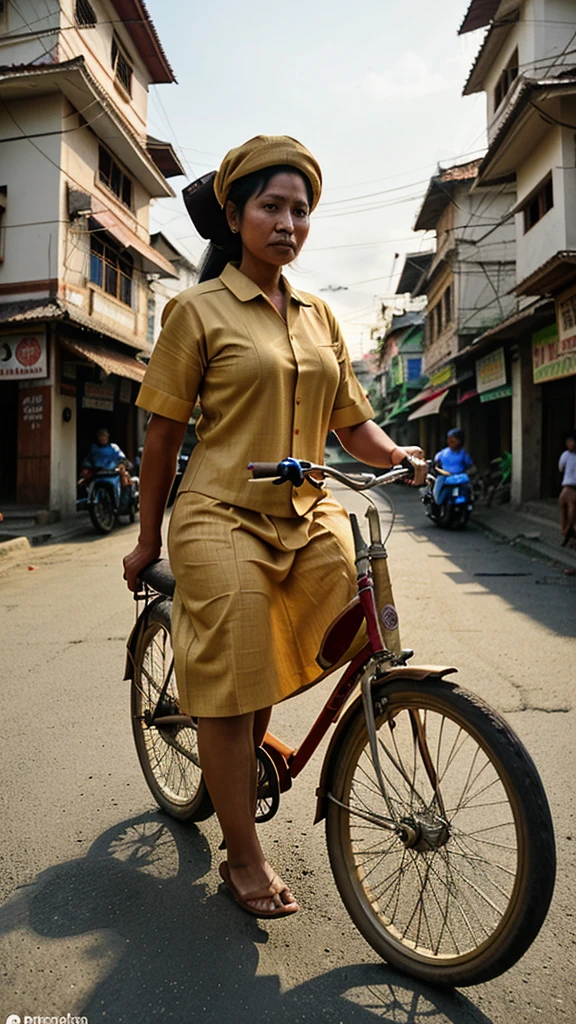 Illustrate a becak driver in Yogyakarta, wearing a traditional work uniform, waiting for passengers on a busy street with traditional buildings in the background