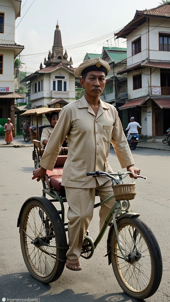 Illustrate a becak driver in Yogyakarta, wearing a traditional work uniform, waiting for passengers on a busy street with traditional buildings in the background