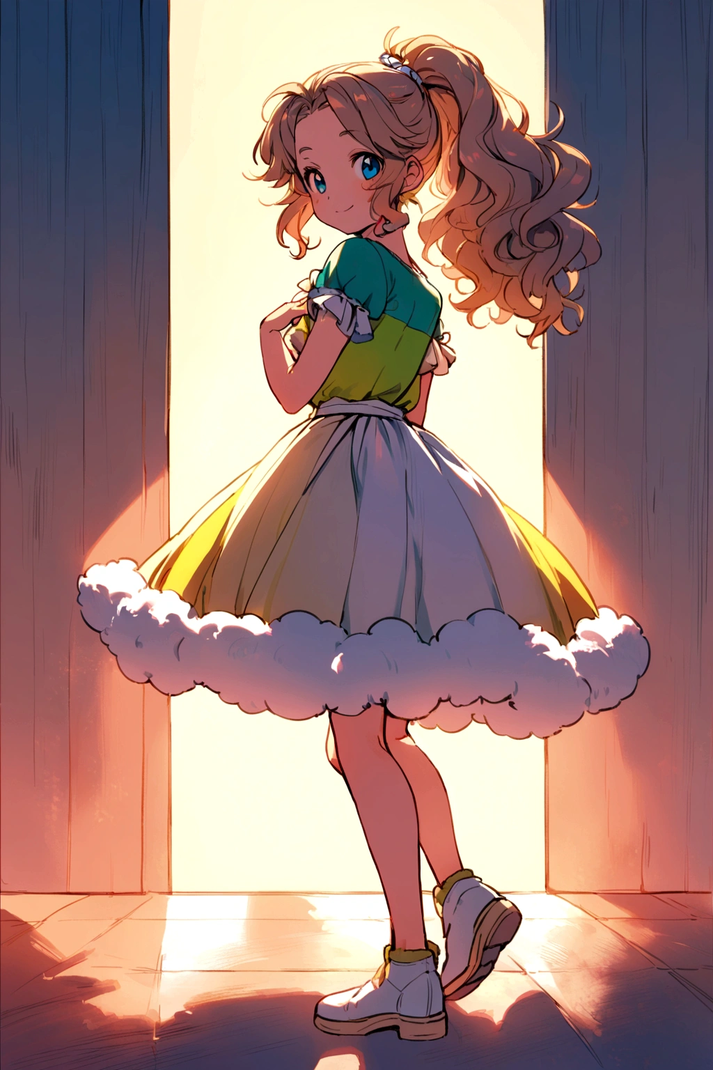  girl with fluffy hair and hairstyle with a ponytail behind posing happily and innocently in full body 