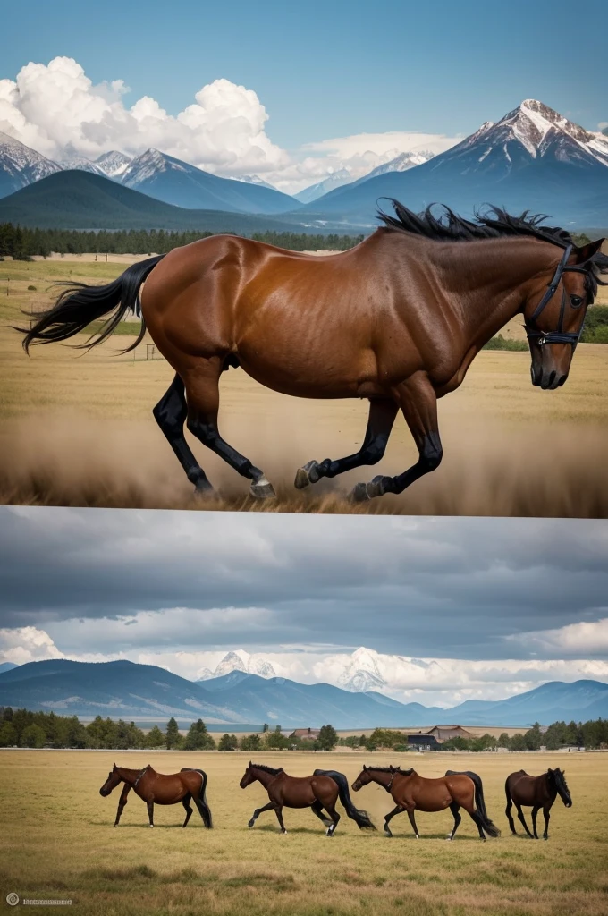 Make a watercolor with only shades of brown. A mountain range in the background contrasted with a sky with clouds , two horses (a mare and a calf) would be grazing in front of these elements, it would be a Canadian landscape, I would put some birds in the background, It is necessary to fill the space on the screen in a pleasant way, all this with meticulous finishing, principalmente os two horses mais em evidência, muscles, manes etc.