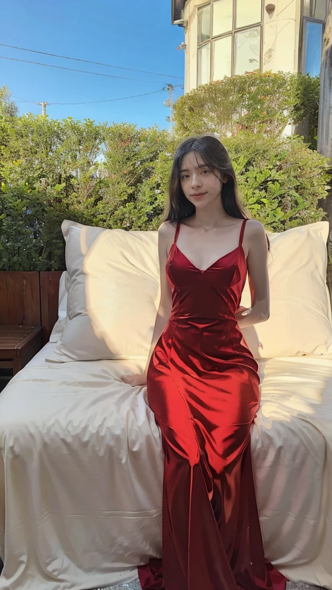 Top Quality, Masterpiece, Ultra High Definition, (Photorealistic: 1.4), Raw Photo, 1 Girl, Dark Hair, Glossy Skin, Dramatic Lighting, Full Body, Red Dress with sparkling glitter, Colossal