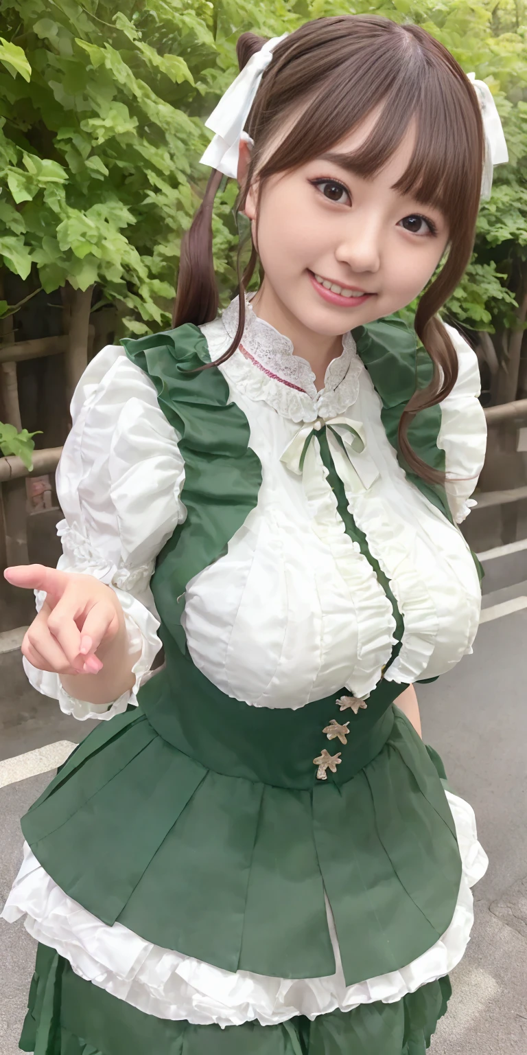 (Realistic:1.3), finely, quality, Rembrandt Lighting, (Tabletop:1.2), (Realistic:1.2), (最高quality), (Fine skin:1.3), (Complex詳細), dramatic, Ray Tracing, 1 Girl, Japanese Girls, 32 years old、Big eyes、((Deep double eyelids:1.25)), Cute duck lips, smile, Twin tail hair, Twin Loop Hair, Parted bangs, 42 years old, Very large and ample breasts, jirai fashion, Gothic Lolita fashion with a green theme、Short dress, Frills, Race, ribbon, Complex, (Tokyo Street, Harajuku, May, sunny day), Browsing Caution, (height: 148cm), ((((Very accurate and correct anatomy)))),