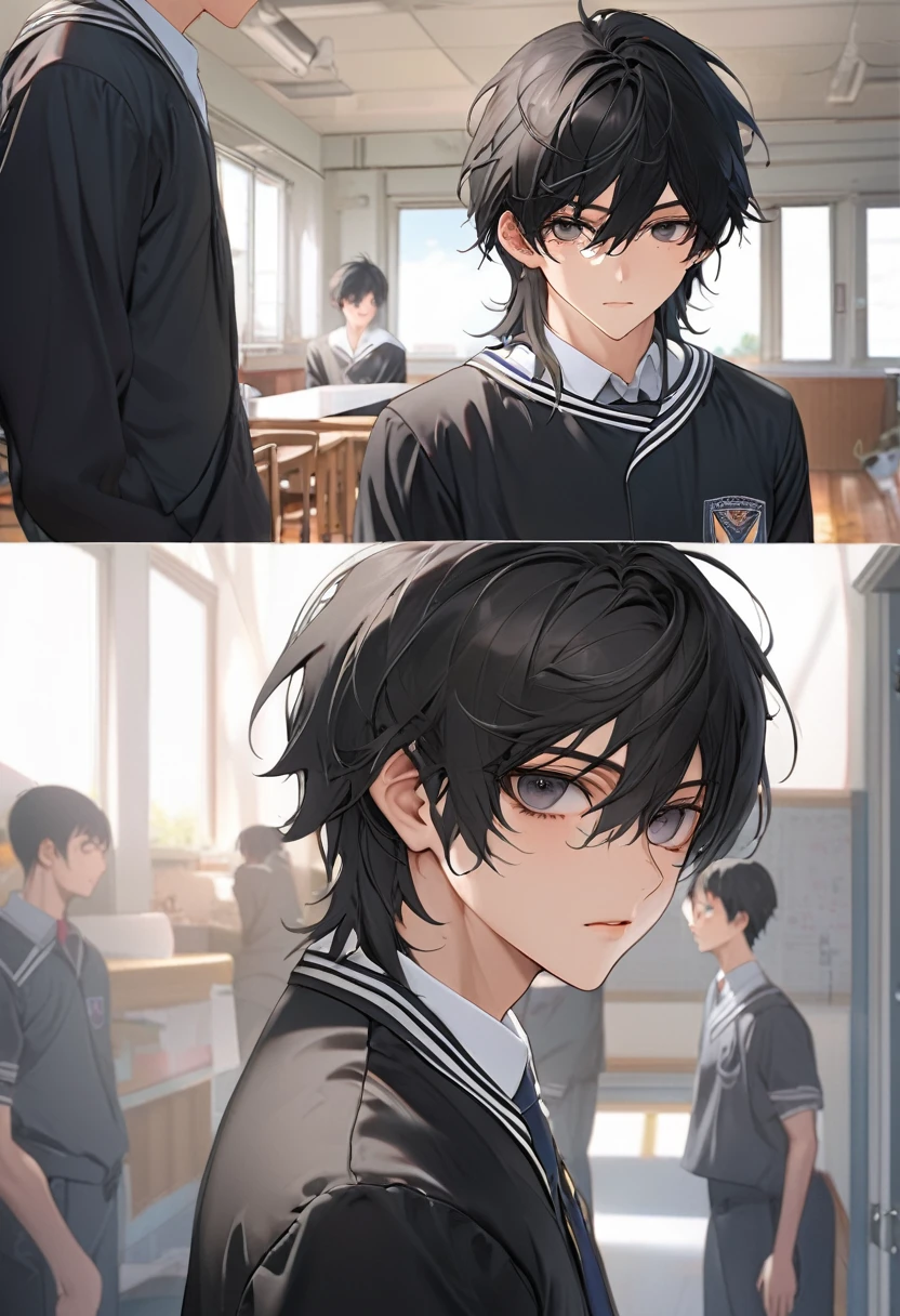 A highschool boy, handsome, perfect body, black hair, short hair, mullet, black eyes, upturned eyes, expressionless, black highschool uniform, anime, first-person view, masterpiece, anatomically correct, high details, highres, best quality, super detail, 1080P