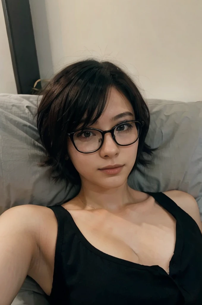 anime girl,short hair,glasses, lying in bed,looking through the phone, evening