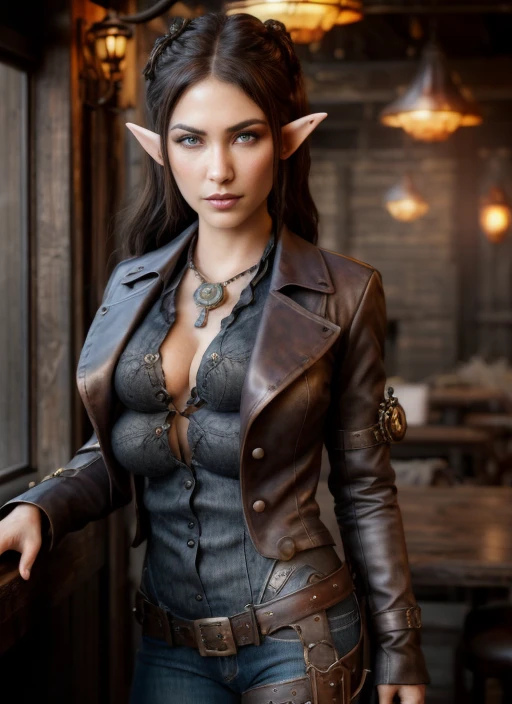 Same elven woman with darker Arabian skin tone, Arabic facial features, darker skin, high resolution 8k, masterpiece, detailed, best quality, award-winning photo, gorgeous sexy woman, outdoors, steampunk city,  steampunk 1900s, wearing open button shirt, tight blue jeans, attentive expression, flirting smile, small breasts, extra breasts, 4 breasts, 1girl, solo, chizuru, enamiKatsumiStyle, highres, hdr, (((best quality, masterpiece))), ultra detailed illustration, [extremely detailed face], hyper realistic, detailed, best quality, award-winning photo, gorgeous sexy elven woman, elf, elven, darker olive skin tone, dark brown hair in side braid, attentive expression , four breasts, steampunk ballroom, Steampunk, steampunk cowgirl, 4 small breasts, super detailed, beautiful and aesthetic, beautiful, masterpiece, best quality, raw, masterpiece, steampunk cowboy super fine photo, best quality, super high resolution, photorealistic realism, dynamic pose, vibrant eyes, (from the front), detailed face, detailed complex busy background, elegant, highly detailed skin, realistic skin details, sharp focus, 8k uhd, DSLR camera, high quality, photo realism, steampunk city, translucent, full body, cowboy