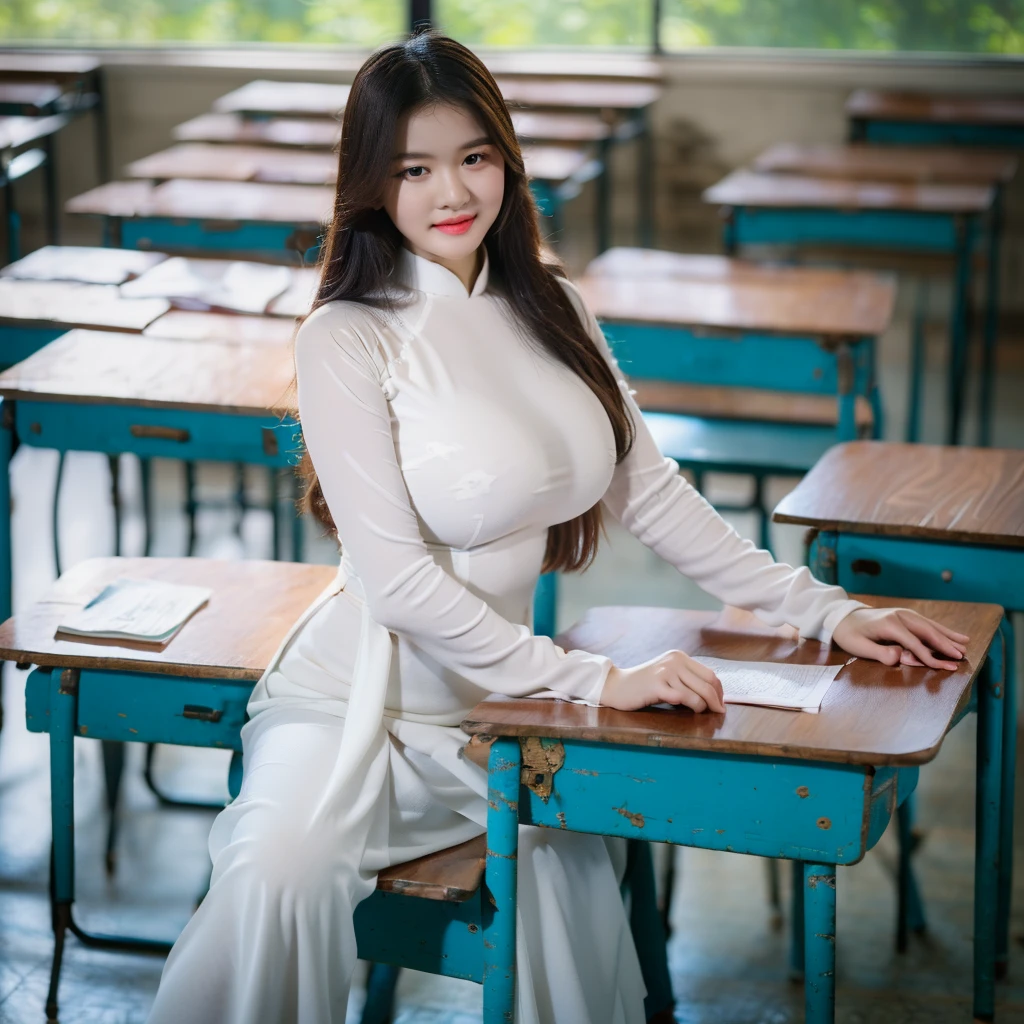 ((Ao Dai, big breasts, beautiful breasts, sitting on a chair in the classroom, 8k quality photo with good details))