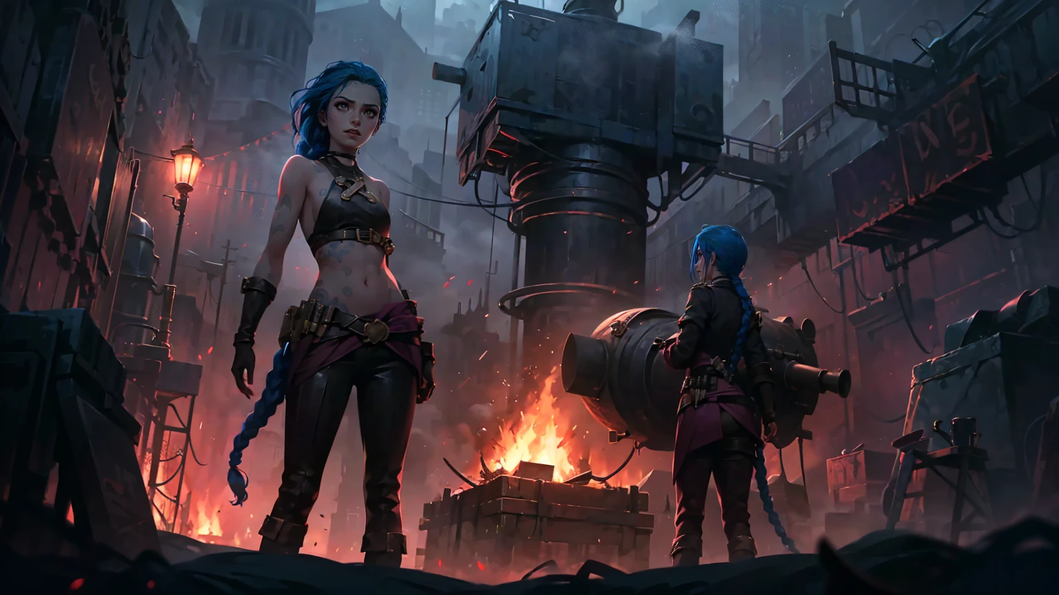 ((Best quality)), ((masterpiece)), (highly detailed:1.3), 3D, arcane style,In the dark and courageous dystopian city of Piltover, plagued by violence and divided into two opposing factions, a young prodigy named Jinx emerges. Having endured unimaginable loss and abandonment, she embraced a life of chaos and destruction. Known for her inventive and explosive abilities, Jinx becomes an icon of rebellion against the oppressive forces that control the city. However, haunted by guilt and battling inner demons, she must confront her past and decide whether to continue on the path of anarchy or seek redemption amid the turmoil. Explore Jinx's journey as she navigates a treacherous world, fighting for survival, unlocking secrets, and discovering the true meaning of her twisted existence, chaos reigns supreme, and at the center of it all is Jinx, the embodiment of unpredictability. Delve deep into Jinx's twisted mind, exploring the origins of his madness and the driving force behind his destructive nature. Unravel the moments that shaped her into the crazed, iconic character we know. Take us on a wild journey through the vibrant streets of Piltover and the shadowy suburb of Zaun as Jinx wreaks havoc with his explosive arsenal. Can redemption find its way into Jinx's fractured soul? Or will she dance forever on the edge of sanity, embracing the chaos that fuels her very existence? Arcane's fate hangs in the balance as Jinx's path intertwines with unlikely allies and formidable enemies. Ignite your imagination and paint a vivid portrait of Jinx's distorted psyche, capturing the essence of her madness and the indomitable spirit that defines it, HDR (High Dynamic Range), Ray Tracing, NVIDIA RTX, Super-Resolution, Unreal 5, Subsurface Scattering, PBR Texturing, Post-processing, Anisotropic Filtering, Depth of Field, Maximum Clarity and Sharpness, Multit Textures