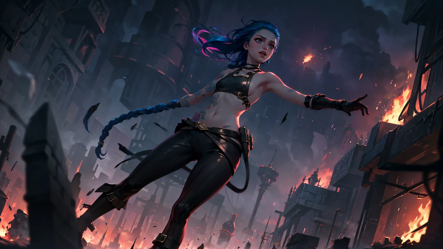 (masterpiece, Best quality), 1 girl, portrait, very sexy, crazy look, smile, crying, pink tears, tears on the cheeks, tears from eyes, full length (full body 1.1.), очень feminine, fighting stance, battle, fire, explosions, burning city, Beautiful waist, gloomy composition, flame, fire, Flash, very beautiful, feminine, long hair, hair braided in long braids, very sexy, tight leather pants, emphasis on the eyes, face accent, Beautiful face, Hands, Hair, Haired ponytail, red purple eyes, Джинкс crying, Blue cloud tattoo, (masterpiece, Best quality), Side lighting, beautiful detailed eyes, crazy face), (Best quality), (masterpiece), magic photography, Spectacular lighting, Photorealism, ultra detailed, интимная portraitная композиция, 1. 4,8 k UHD, aesthetic, Cd., A high resolution, 8 k, better lighting, Best shade, Ultra-HD, A high resolution, sharp focus, Complex background, Cinematic lighting, ((Landscape view)), 4K block, (better lighting), ((Cinematic lighting)),