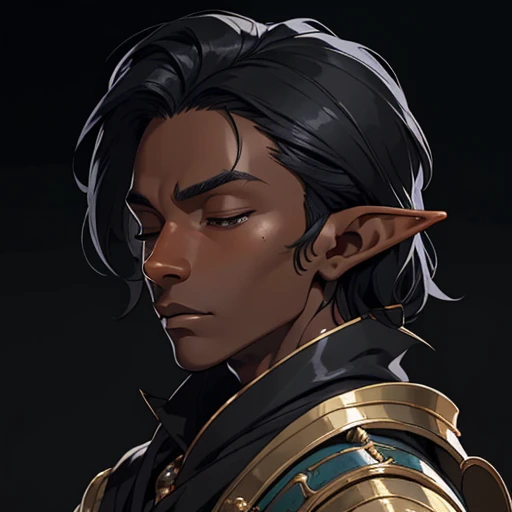 (masterpiece), (best quality),(portrait),(bust up),1boy,solo,(sharp focus),((look at viewer)),elf,elf wizard,(black hair),(dark skin) ,(black skin),adult, (ancient:1),ancient luxurious long clothes,old school fantasy art,((simple background)),super shiny face,Ultra Glossy Skin,from leftside,close your eyes,