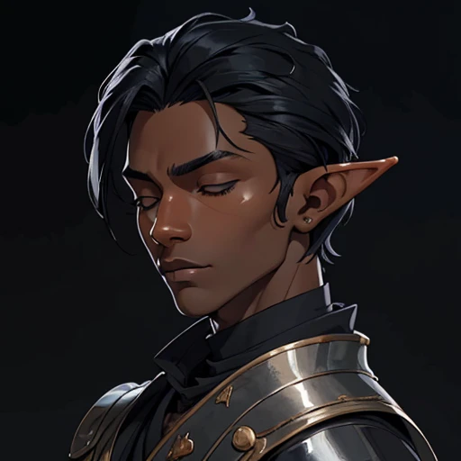 (masterpiece), (best quality),(portrait),(bust up),1boy,solo,(sharp focus),((look at viewer)),elf,elf wizard,(black hair),(dark skin) ,(black skin),adult, (ancient:1),ancient luxurious long clothes,old school fantasy art,((simple background)),super shiny face,Ultra Glossy Skin,from leftside,close your eyes,