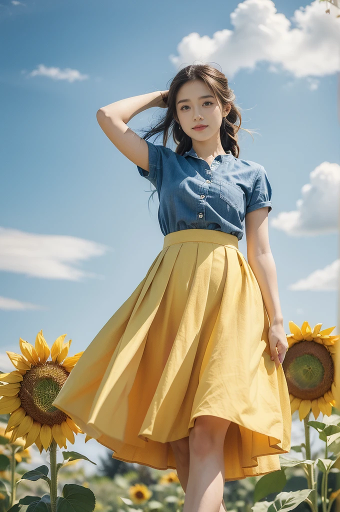 (((best quality))), (((ultra detailed))), (((masterpiece))), illustration, a picturesque scene of a beautiful Ukrainian girl standing amidst a field of sunflowers, short braided hair, ((vibrant blue shirt,Maxi bright yellow skirt)), complementary attire, horizon as backdrop, brilliant shade of clear blue sky, stark contrast with yellow flowers, sea of yellow sunflowers, girl's presence adds intimacy, striking features, sharp piercing eyes, warm kindness, subtle smile, gentle nature, simplicity of beauty, natural setting, yellow dress cascading to ankles, fluttering in gentle breeze, short braids tied with colorful ribbons, playfulness, beauty in simplicity, girl standing out against vivid backdrop, harmonious fusion of nature's splendor and human grace, viewer captivated by girl's beauty, serenity of sunflower field, invites imagination of tranquility, away from chaos of everyday life, reminder of inherent beauty in world around us, waiting to be discovered