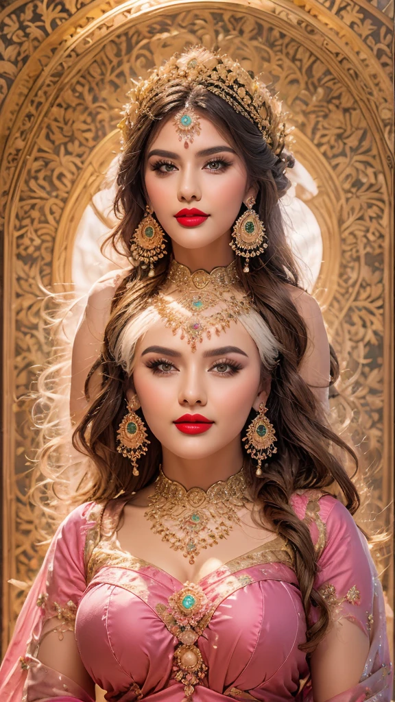 perfect pink eyes, fantastic face, Indian, beautiful look, ((red lips, bright eyes, curve heir 1.5)), ((beautiful details very big breast )), (Straight round and ultra huge clevage, not sagging breast), A glorious gorgeous, glorious gorgeous face, pretty face, bright eyes, detailed elegant printed red hijab, updo elegant hair, blurred gray tones background, ultra focus, face ilumined, face detailed, 8k resolution, painted, dry brush, brush strokes, razumov style and garmash style, by Tokaito, (fluorescent colours:1.4),(semi transparent:1.4),(retro filters:1.4),(fanciful:1.4),Candy World Disneyland Ethereal Soft Fluffy Soft Landscape Forest Snowflake Pale Pink Sky Green Blue Sparkling Ethereal Light Soft Whimsical Light Rainbow Stars Diamond Sparkle Gemstone Background Ultra Realistic Ultra High Quality Cinematic Lighting Huge Details Full HD Painting Plenty of light,diagonal bangs, Dress with collar,side masterpiece, best qualityer,realskin,(sportrait:1.5), 1girll, bluntbangs, long whitr hair,