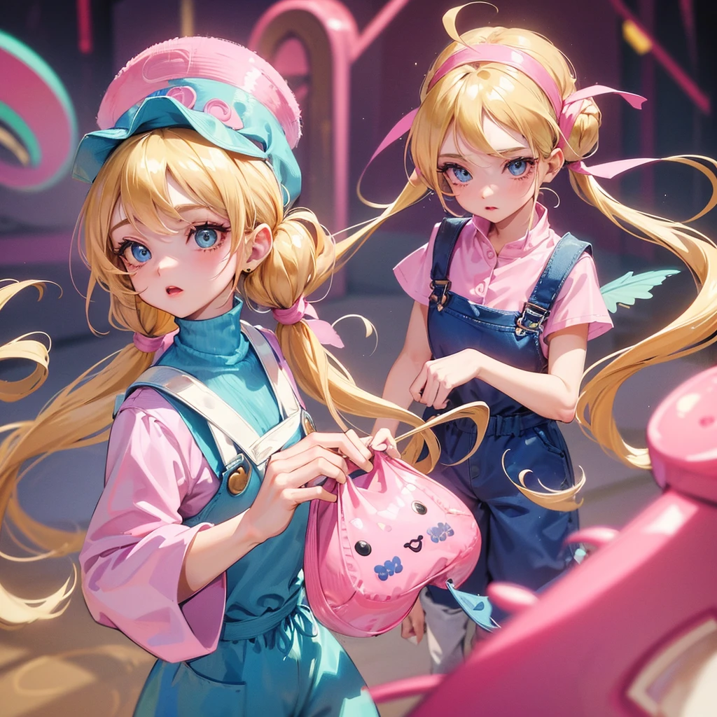 1 adult girl, blue eyes, Blonde, hair in two pigtails, pink vests, pink dress with white overalls, a pink hat on her head, in a calm and sweet environment, photography as for social media profile, Dragon Ball Z style and design, especially in the eyes