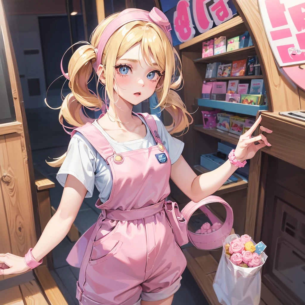1 adult girl, blue eyes, Blonde, hair in two pigtails, pink vests, pink dress with white overalls, a pink hat on her head, in a calm and sweet environment, photography as for social media profile, Dragon Ball Z style and design, especially in the eyes