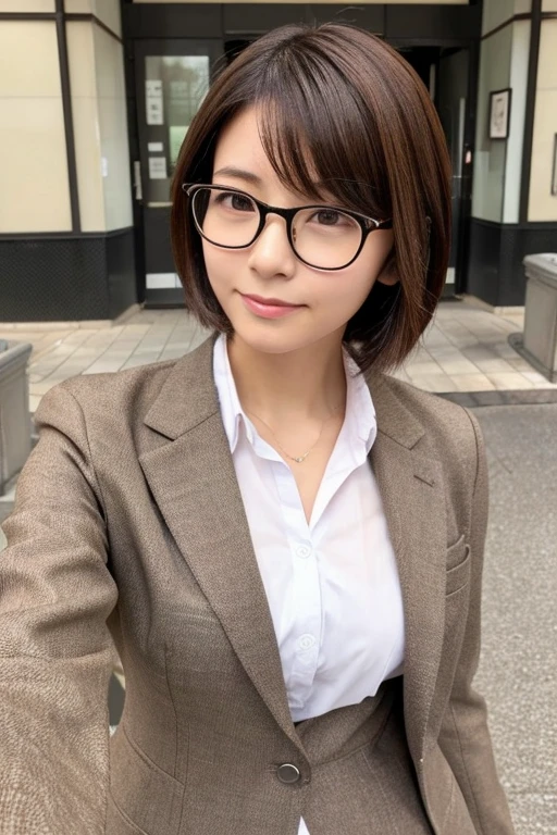 Cute Japanese Women Photos、Normal chest、Very short bob hair、Brown Hair、Glasses、Whole body、Face Focus、suit、secretary、Simple Background、From above、Take a selfie、Are standing、Above the waist、No smartphone