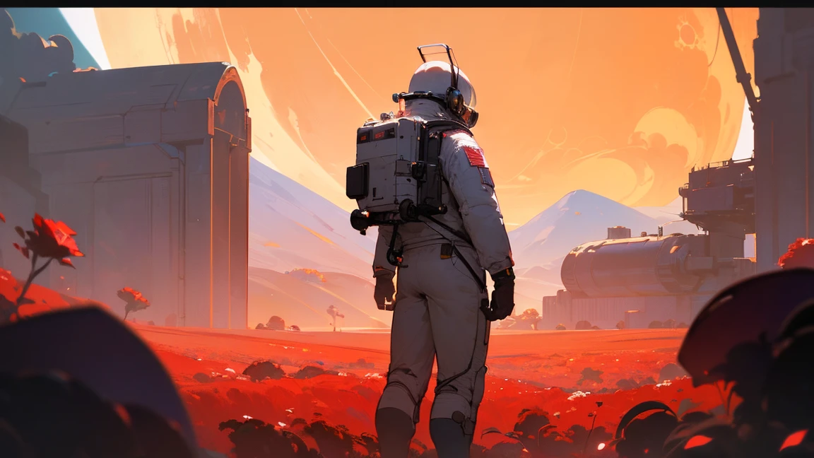 (masterpiece, best quality, cinematic composition, anime scene, depth of field, astronaut guy seen from back, subject looking earth, moon landscape, science fiction, red roses field, full scene, highly detailed, intricate details, vibrant colors, dramatic lighting, cinematic atmosphere, epic scale, seamless integration, outstanding visual quality)