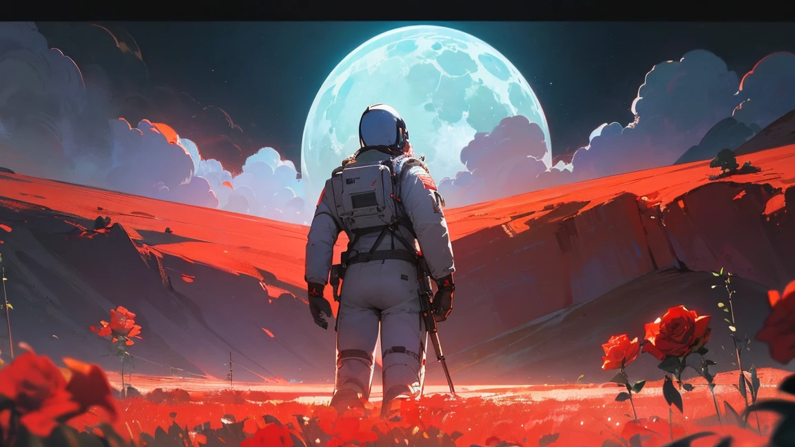 (masterpiece, best quality, cinematic composition, anime scene, depth of field, astronaut guy seen from back, subject looking earth, moon landscape, science fiction, red roses field, full scene, highly detailed, intricate details, vibrant colors, dramatic lighting, cinematic atmosphere, epic scale, seamless integration, outstanding visual quality)