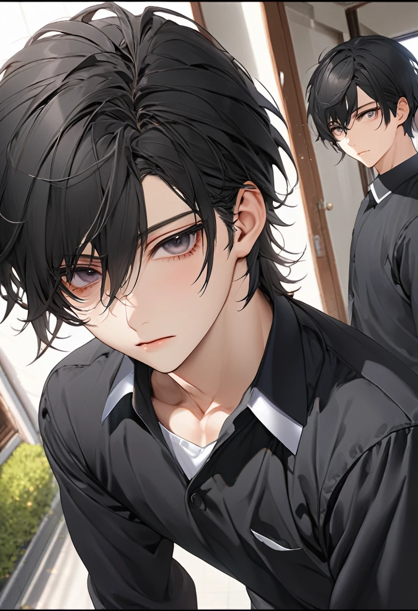 A highschool boy, handsome, perfect body, black hair, short hair, mullet, black eyes, upturned eyes, expressionless, black highschool uniform, anime, first-person view, masterpiece, anatomically correct, high details, highres, best quality, super detail, 1080P