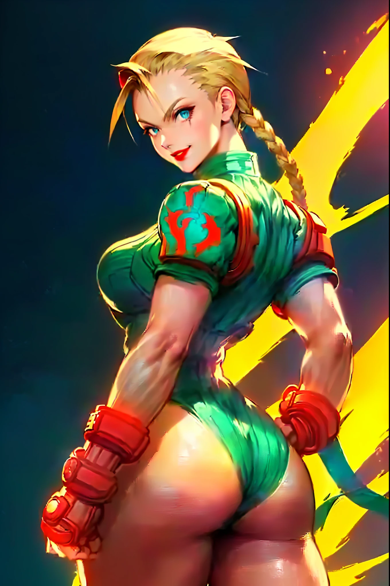 ((Tanned adult woman), ((Short blonde, Blue colored eyes,)), Slim and beautiful smile, ((Dressed like Cammy ( Street Fighter ), Your ass is amazing)), red lip gloss stick, (( Stand backwards, Looking into the camera)), Masterpiece of Art, high quality, Back lighting))