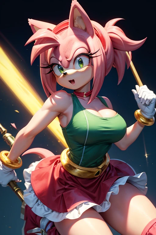 Amy Rose young pink hedgehog with green eyes. It is 1 meter tall and weighs approximately 25 kg. She wears a red dress with a white bow on her chest and wears red boots with white details.. She wears a gold bracelet on each wrist and a red headband on her head.. Her most distinctive feature is her long pink hair that reaches to her waist., which is often tied up in a ponytail. Amy is known for carrying a large hammer called the Piko Piko Hammer that she can summon when needed.