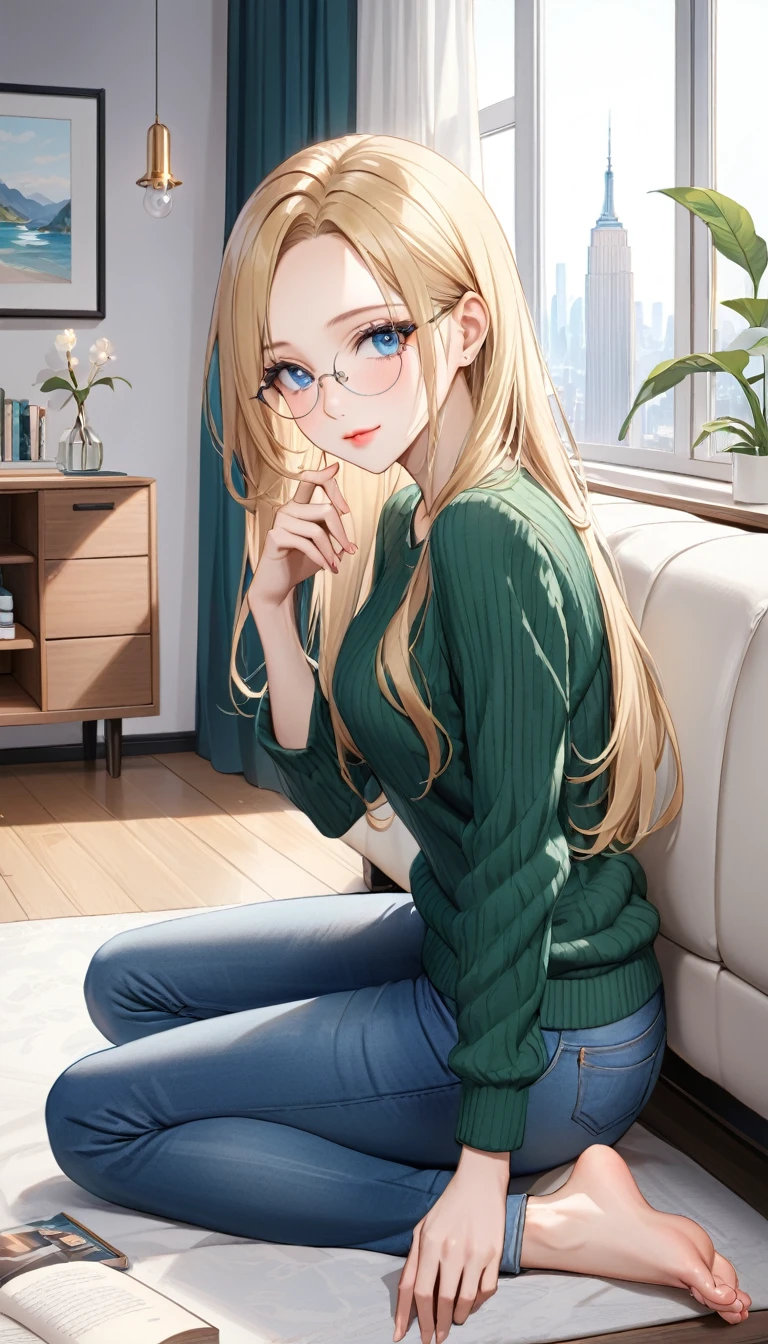 ((best quality, masterpiece:1.3, 8K)), (detailed), highly detailed face and skin texture, detailed eyes, (seductive pose:1.1), living room, window, full body, (slender body:1.1), 1girl, 25 years old, white skin, blue eyes, reading glasses, bright lips, seductive smile, blonde hair, straight hair, long hair, (forehead:1.0), green sweater, jeans pants, skinny jeans, blue jeans, barefoot, 