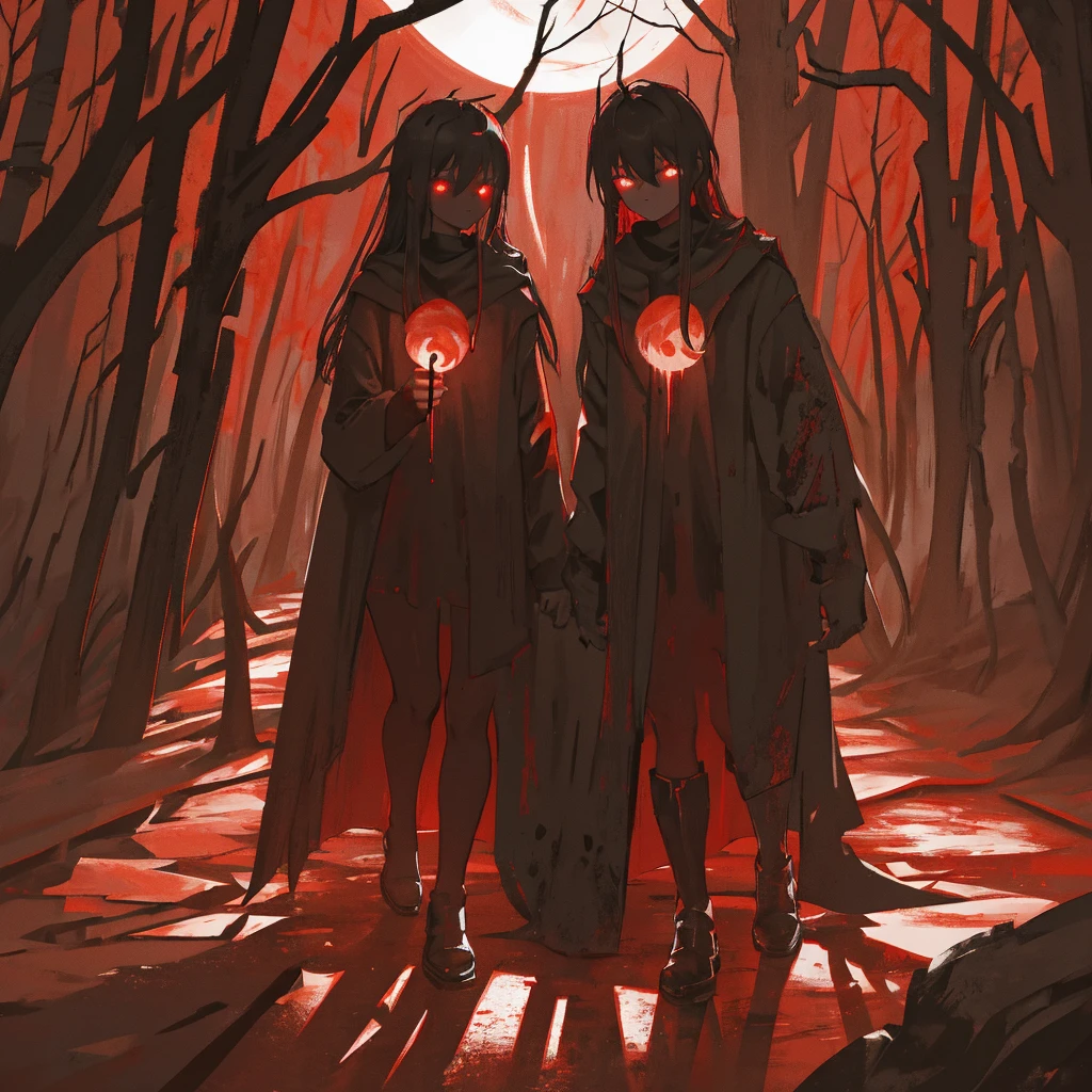 a dark and bloody night forest, blood moon in the sky, twisted and gnarled trees, thick fog, ominous atmosphere, haunting shadows, dark silhouettes, glowing red eyes, detailed horror elements, ultra-detailed, 8k, photorealistic, dramatic lighting, moody color palette, cinematic composition