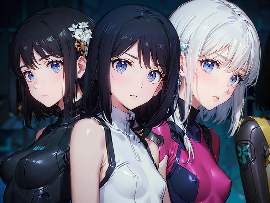 (((High resolution))), (((Very detailedな))), (((Three Girls:1.3))),((7Head to Body:1.3))、 (((Midday Blue Background)))、(((Cute face:1.3))), (((smile:1.5)))、(((Beautiful and detailed eyes:1.3))), (((Very detailed))), (((Details face:1.5))), break , ,sunny, ,((GANTZ Suit:1.2)),((Very delicate body))、((Very flat chest))、((Small waist))、((thigh gap:1.2))、Friendly atmosphere,((from side))、Normal limbs、