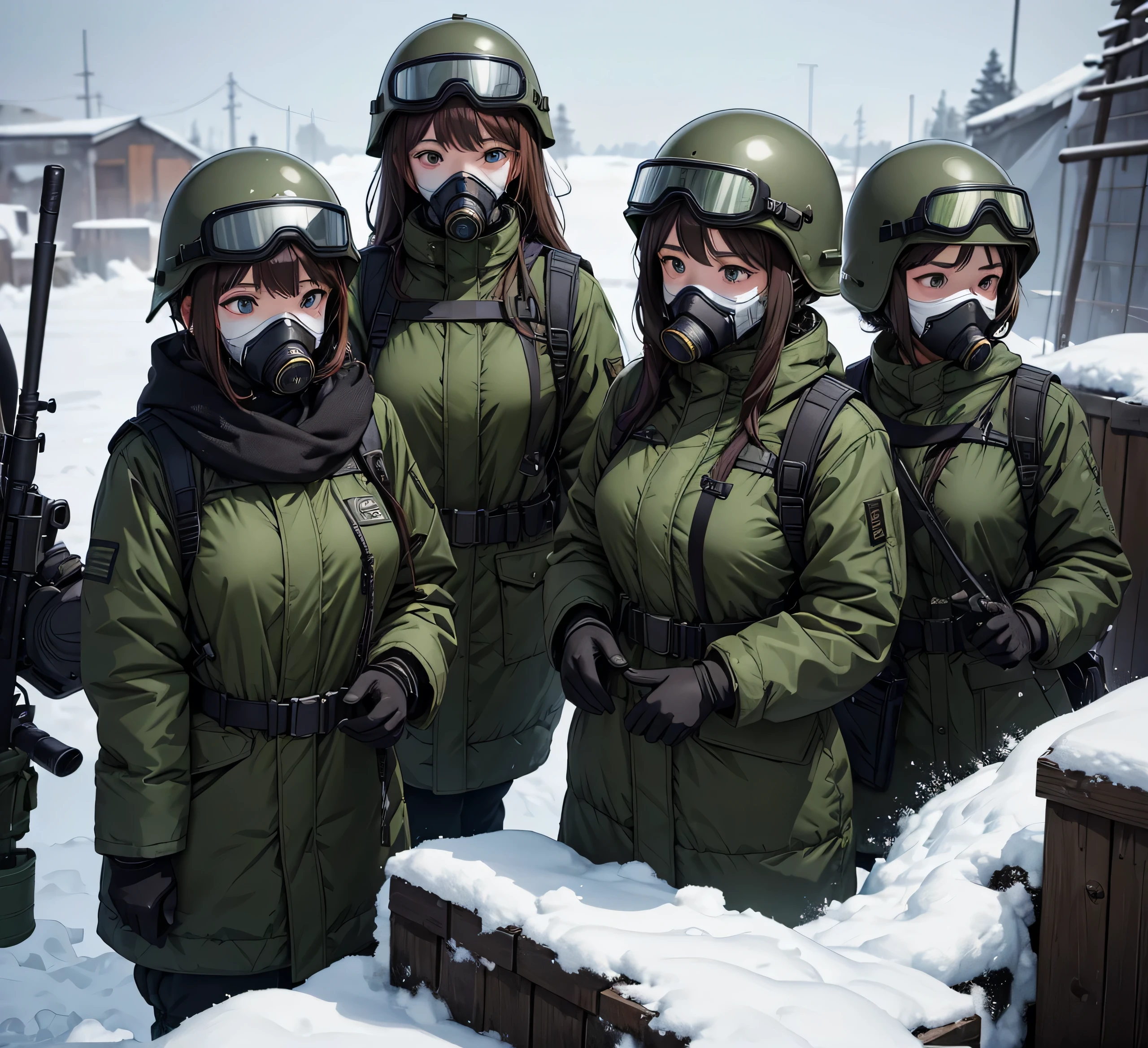 Back、Four female soldiers all wearing dark green thick coats、helmet、Gas Mask、Goggles、Snowy military camp、masterpiece、best quality、Highly detailed CG、8K picture quality