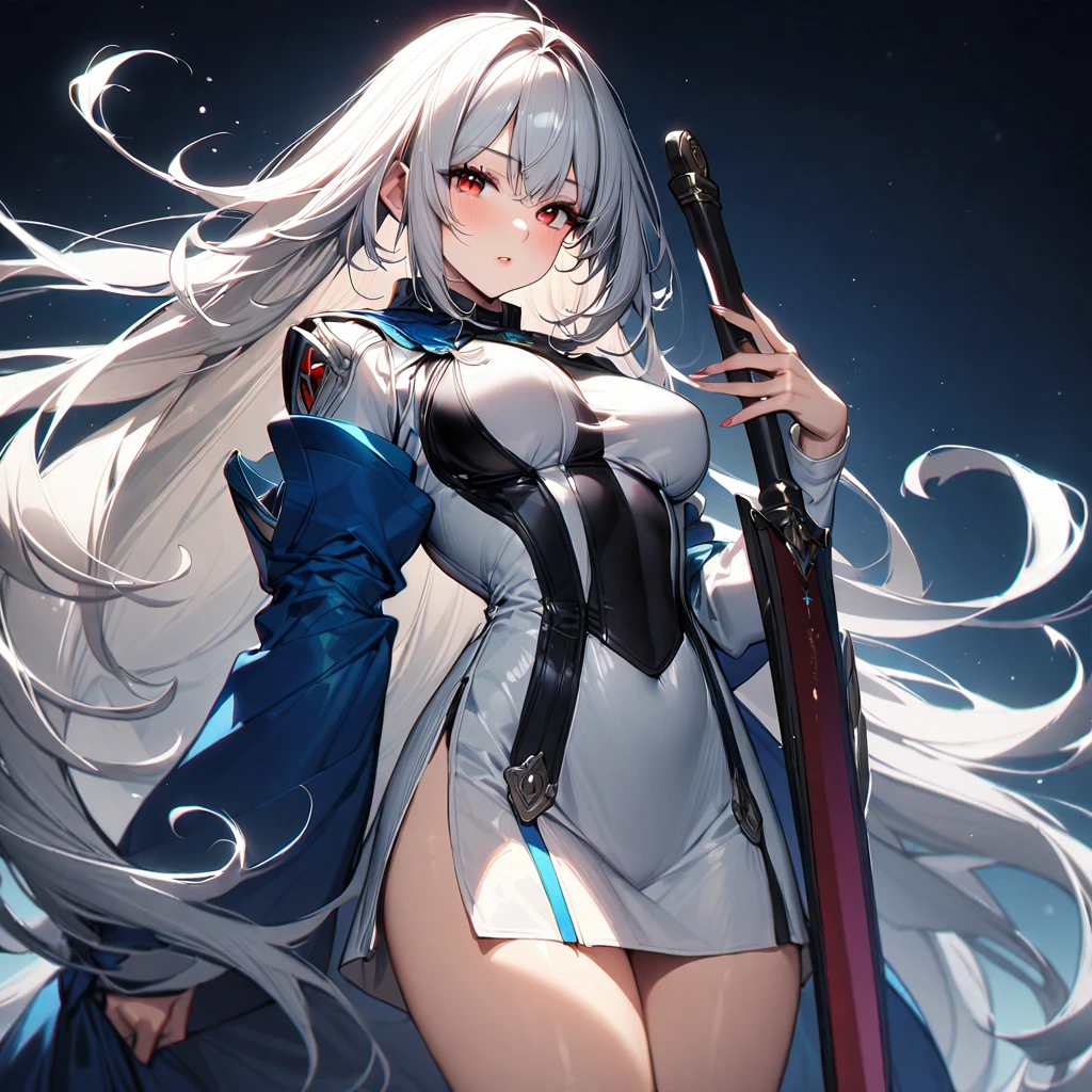 (masterpiece),(Highest quality),(Super detailed),(Best illustrations),(so beautiful), so beautiful長い脚, Silver Hair, Red eyes, Very long hair, Female Wizard, White dress, Blue Cape, Roll-up skirt,  holding weapon, huge sword,