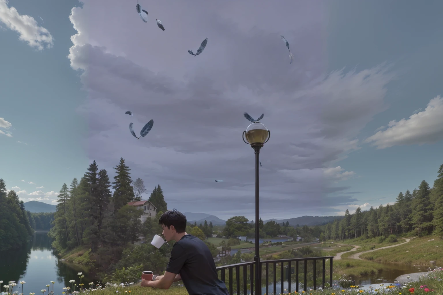 A detailed, serene landscape with a peaceful atmosphere, (best quality,4k,8k,highres,masterpiece:1.2),ultra-detailed,(realistic,photorealistic,photo-realistic:1.37),HDR,UHD,studio lighting,ultra-fine painting,sharp focus,physically-based rendering,extreme detail description,professional,vivid colors,landscape,lush green meadow,rolling hills,clear blue sky with fluffy white clouds,gently flowing stream,tall pine trees,warm golden sunlight,tranquil pond reflecting the scenery,wildflowers blooming in the foreground,serene and calming atmosphere