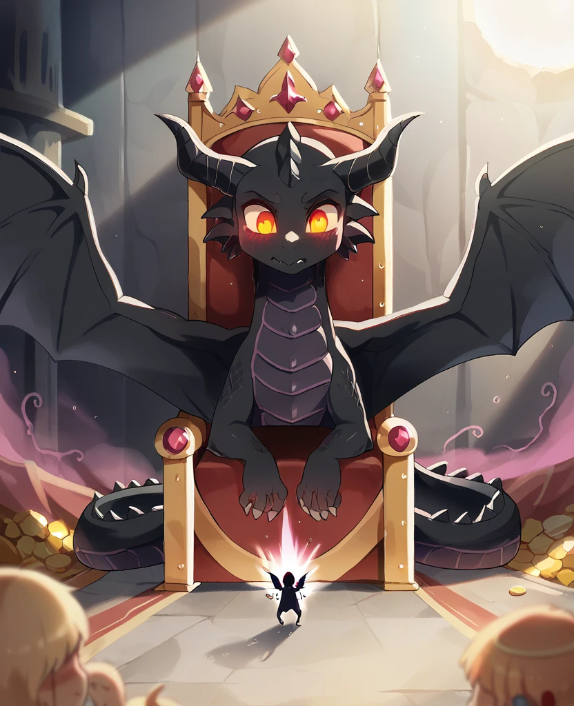 masterpiece, best quality, ultra-detailed, intricate illustration, detailed lighting, chiaroscuro, 1 loli black dragon, princess crown, golden throne, obsidian scales, small wings, regal posture, underground lair, treasure hoard, magical aura, fantasy, mythical creature, dark atmosphere, glowing eyes, smoke tendrils, dynamic pose, majestic creature, dragon magic, loli black dragon princess's eyes gleaming with intelligence and loli black dragon princess's body emanating an aura of power