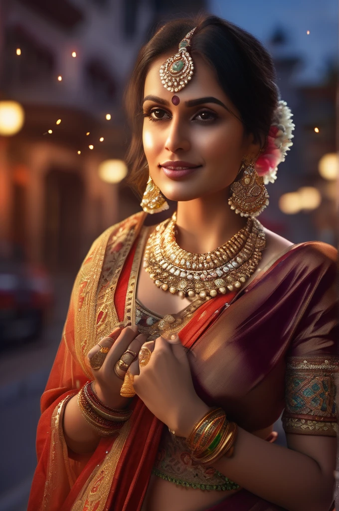 a woman in traditional indian attire, seductive pose, standing on the street, holding dupatta deeply in hand, collared blouse, cleavage showing, intricate jewelry, ornate accessories, warm lighting, cinematic atmosphere, hyper detailed, 8k, photorealistic, masterpiece