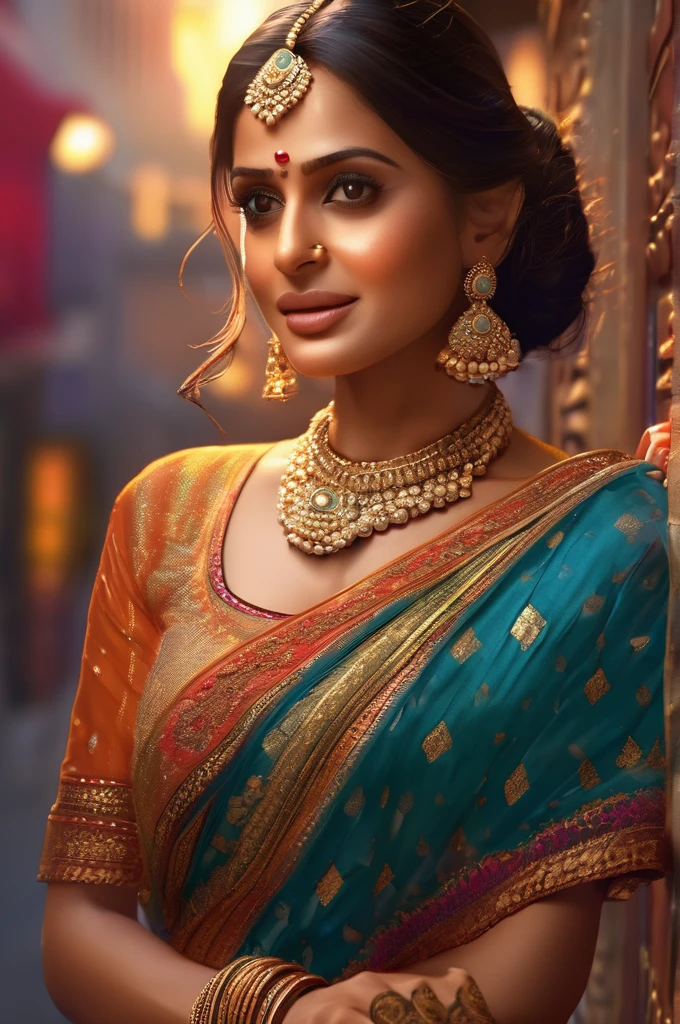 a woman in traditional indian attire, seductive pose, standing on the street, holding dupatta deeply in hand, collared blouse, cleavage showing, intricate jewelry, ornate accessories, warm lighting, cinematic atmosphere, hyper detailed, 8k, photorealistic, masterpiece