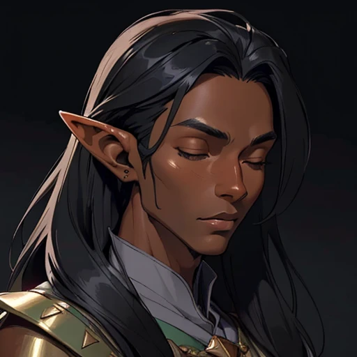 (masterpiece), (best quality),(portrait),(bust up),1boy,solo,(sharp focus),((look at viewer)),elf,elf wizard,(black hair),(dark skin) ,(black skin),long hair,adult, (ancient:1),ancient luxurious long clothes,old school fantasy art,((simple background)),super shiny face,Ultra Glossy Skin,from leftside,close your eyes,
