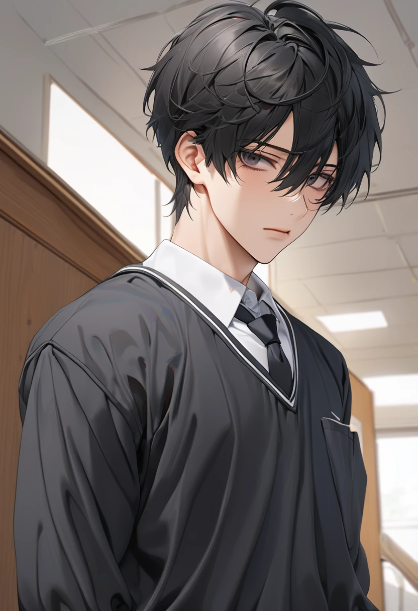 A highschool boy, handsome, perfect body, black hair, short hair, mullet, black eyes, upturned eyes, expressionless, black highschool uniform, anime, first-person view, masterpiece, anatomically correct, high details, highres, best quality, super detail, 1080P