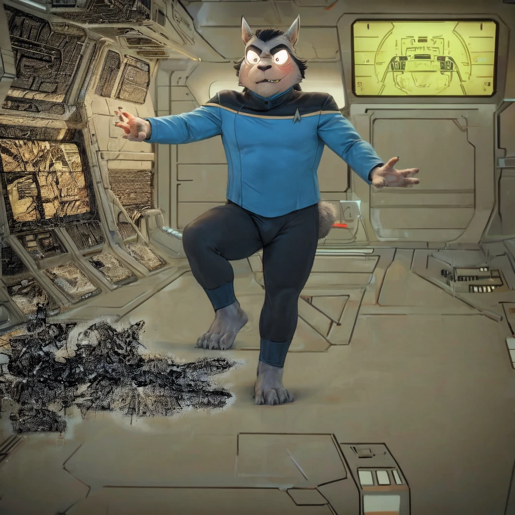 (((Barefoot furry character, full body, cinematic setting, furry male, plantigrade))) 
((Totoro)), studio ghibili, furry, big, fat, whiskers, grey skin, claws,
exudes confidence and authority on starship bridge, ((wears star trek lower decks uniform))), ((sttldunf star trek black and blue uniform)), long black pants, black shoulders, muscular figure, dynamic pose, action expression
((Bridge of starship with many screens and consoles)), futuristic look, metalic, bright colors
BREAK, intricate details, highly detailed, extreme detail, octane render, fine art, best quality, highres, (detailed face:1.5), ((full_body)), UHD, (((perfect hands))), ((low light:1.5))