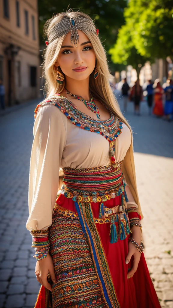 beautifull hot german blonde, robe kabyle, berber, amazigh dress, kabyledress, tizi ouzou, berber outfit, kabylegirl, bijoux, street blurred background, realistic, 4k