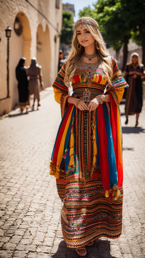 beautifull hot german blonde, robe kabyle, berber, amazigh dress, kabyledress, tizi ouzou, berber outfit, kabylegirl, bijoux, street blurred background, realistic, 4k