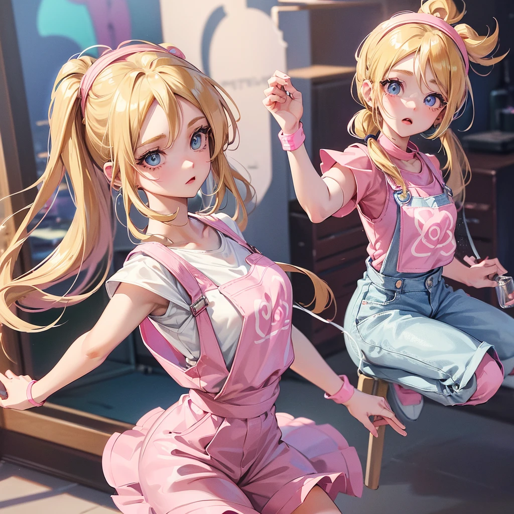 1 adult girl, blue eyes, Blonde, hair in two pigtails, pink vests, pink dress with white overalls, a pink hat on her head, in a calm and sweet environment, photography as for social media profile, Dragon Ball Z style and design, especially in the eyes