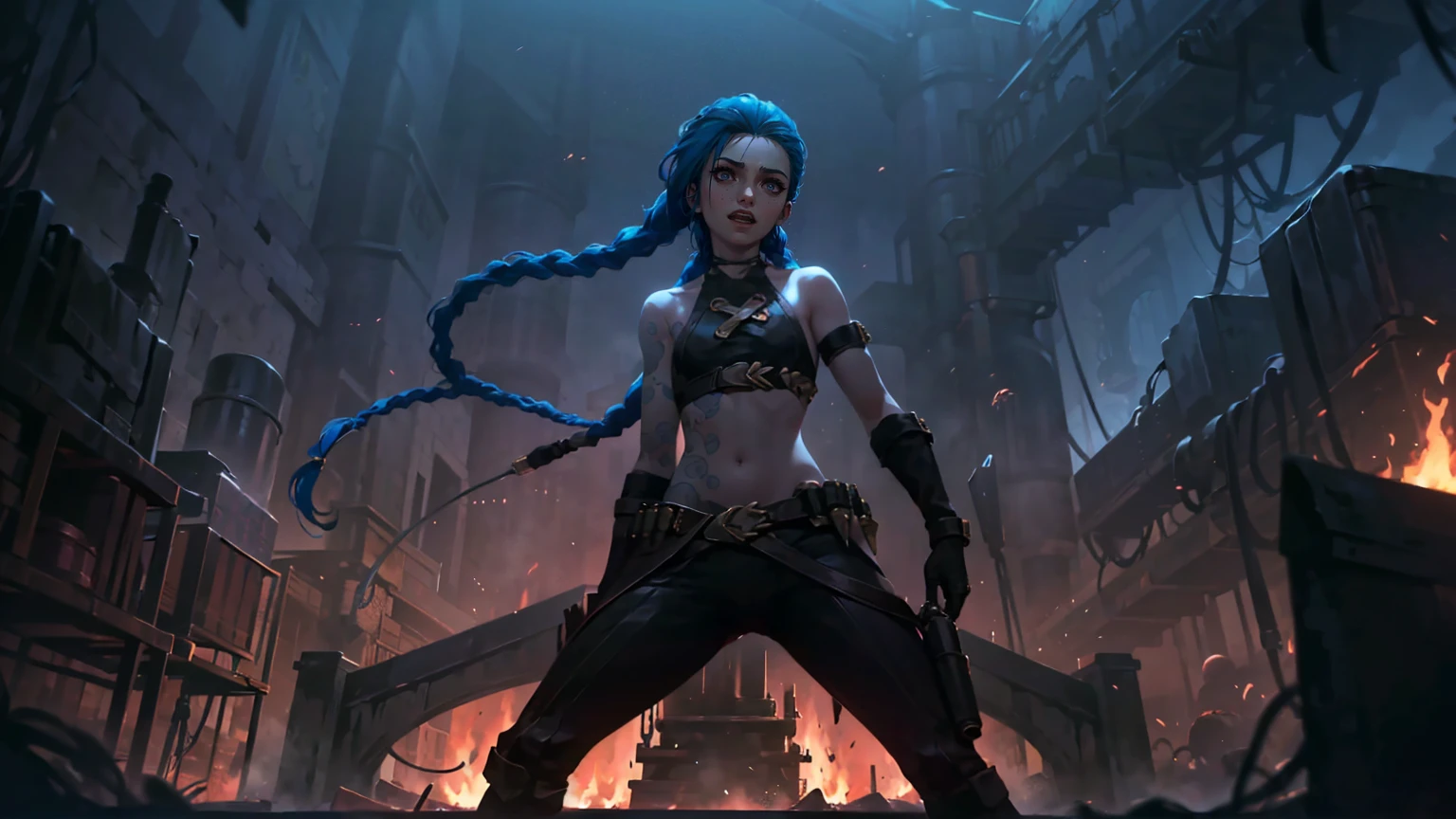 (masterpiece, Best quality), 1 girl, portrait, very sexy, crazy look, smile, crying, pink tears, tears on the cheeks, tears from eyes, full length (full body 1.1.), очень feminine, fighting stance, battle, fire, explosions, burning city, Beautiful waist, gloomy composition, flame, fire, Flash, very beautiful, feminine, long hair, hair braided in long braids, very sexy, tight leather pants, emphasis on the eyes, face accent, Beautiful face, Hands, Hair, Haired ponytail, red purple eyes, Джинкс crying, Blue cloud tattoo, (masterpiece, Best quality), Side lighting, beautiful detailed eyes, crazy face), (Best quality), (masterpiece), magic photography, Spectacular lighting, Photorealism, ultra detailed, интимная portraitная композиция, 1. 4,8 k UHD, aesthetic, Cd., A high resolution, 8 k, better lighting, Best shade, Ultra-HD, A high resolution, sharp focus, Complex background, Cinematic lighting, ((Landscape view)), 4K block, (better lighting), ((Cinematic lighting)),