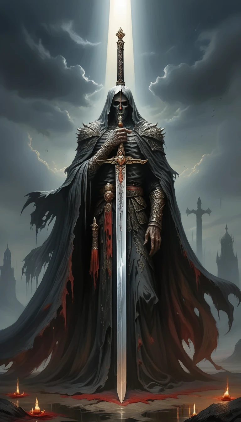 There is a huge sword,Black robe, Decayed decorations,It brings fear to those who see it., Responsible for the sacred, Strong feelings,  The Almighty King, I know this, Light, best quality, fear, There are corpses all around,dark light