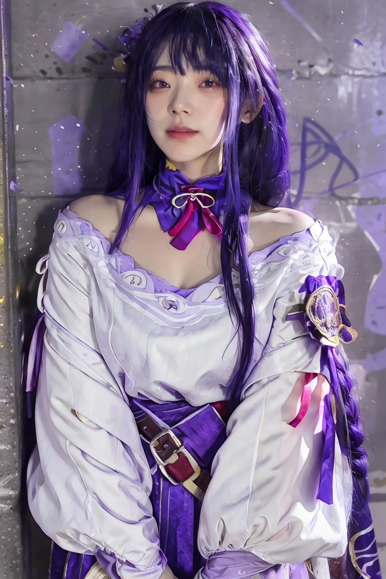 (masterpiece, best quality, 1girl, solo, intricate details, chromatic aberration), realistic, ((medium breath)),long hair, purple hair, purple head ornament, purple highlights, hair over one eye, green eyes, sharp eyes, choker, neon shirt, torn legwear, open jacket, turtleneck sweater, against wall, brick wall, graffiti, dim lighting, alley ,look at viewer,
